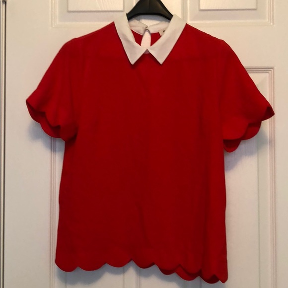 Never Worn Monteau Red Scalloped Edge Blouse - Picture 1 of 5